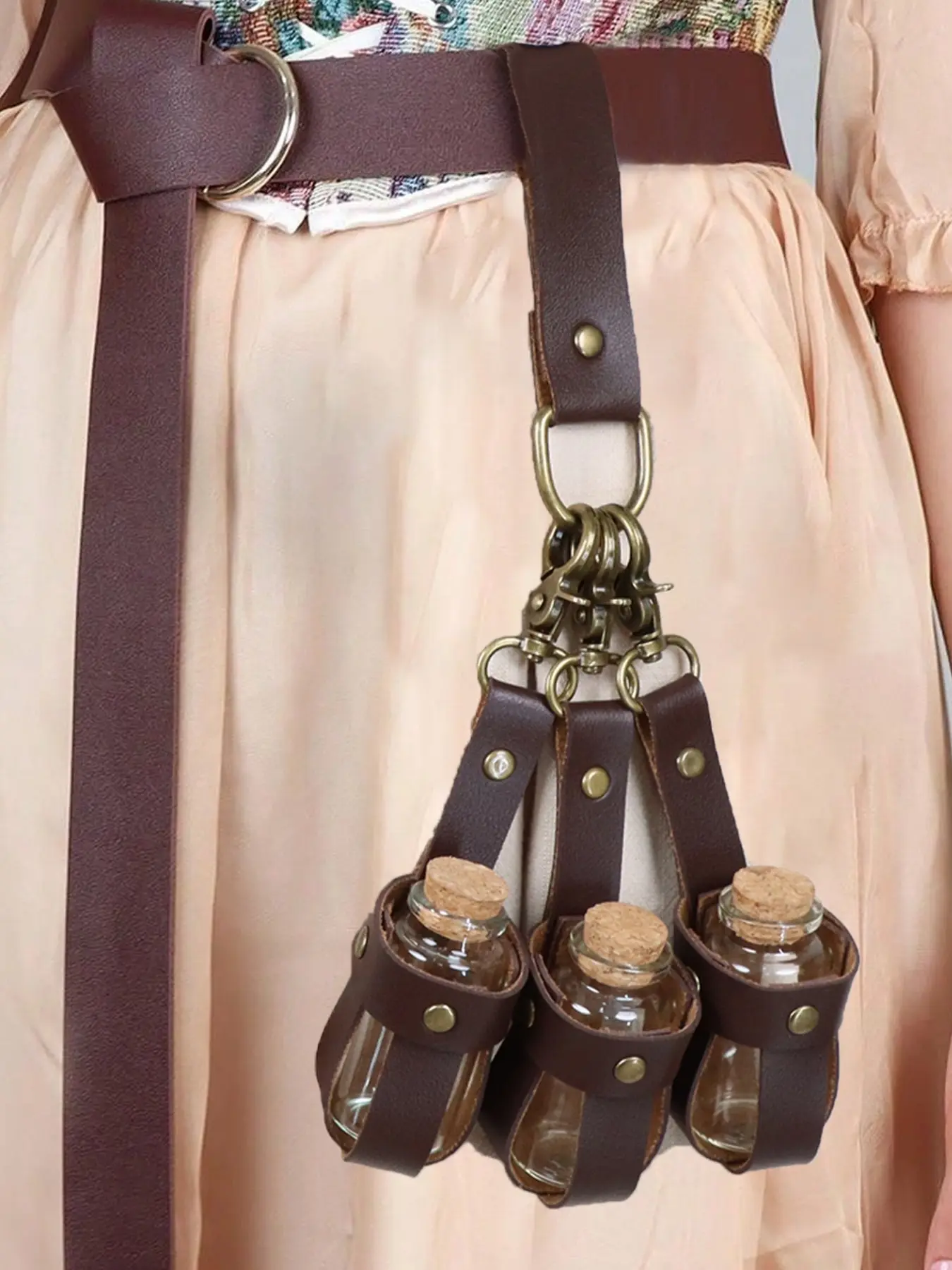 1Set Medieval Alchemy Faux Leather 3 Cork Potion Bottles, Fantasy Vintage Waist Bag Side Bag, Vikings Cosplay Accessories Belt Loop Renaissance Witch Props Magic Vial Stempunk Costume Sets, Adjustable Belts, Design Belt