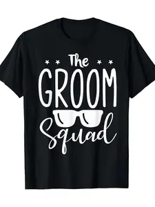 Men's "Groom Squad" T-Shirt - Star Print Casual Black T-Shirt for Wedding Party, Machine Washable, Bride and Groom T-Shirt