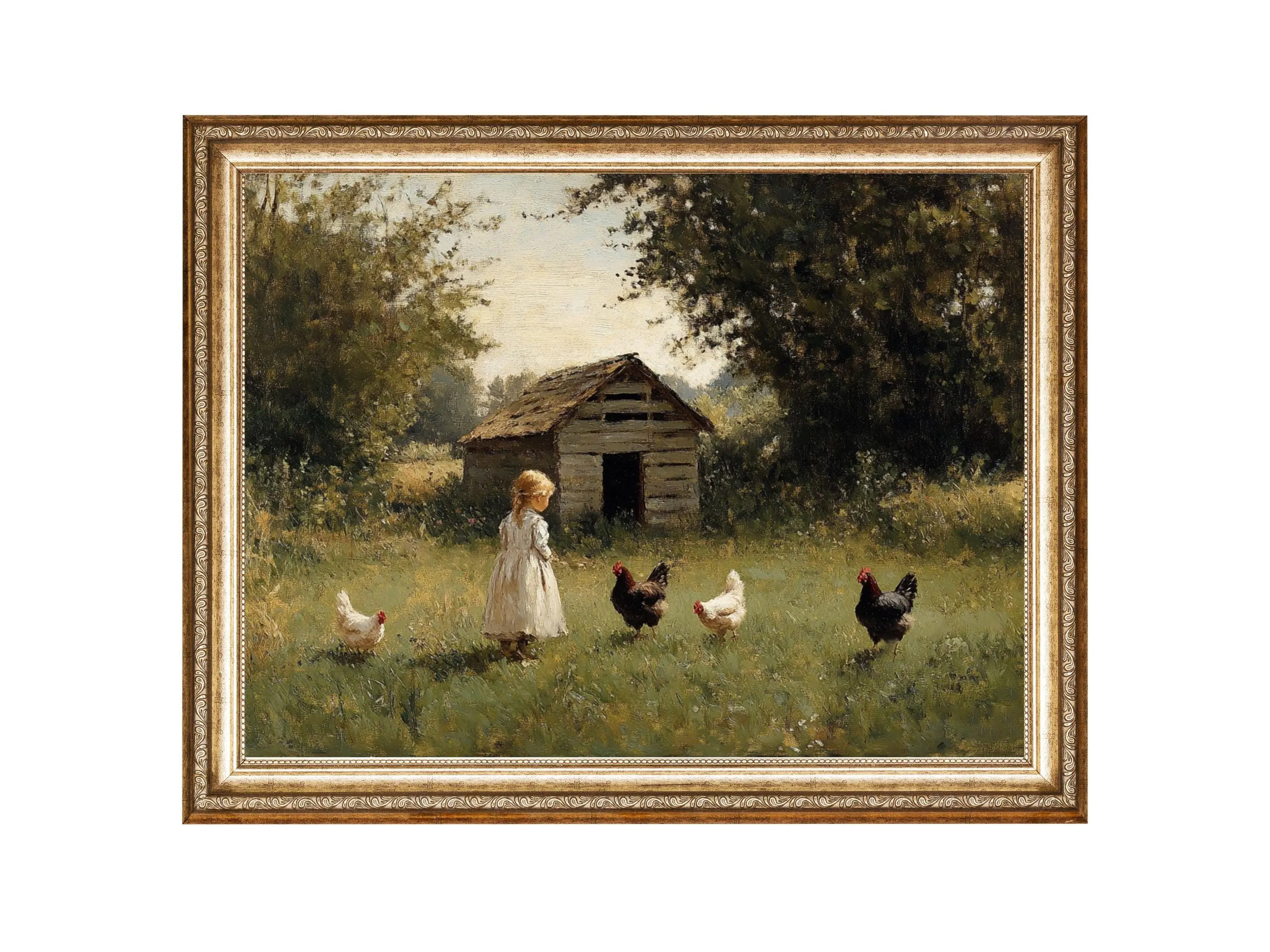 Little Girl With Chickens Rustic Farm Scene VINTAGE Oil Painting Cottagecore Wall Art Posters & Prints Decor for Home Decor
