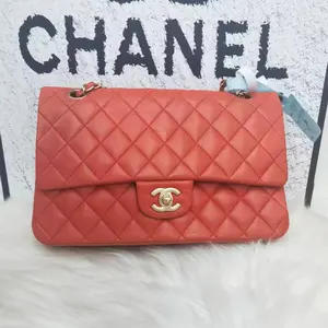 Pre-owned CHANEL Lambskin Shoulder Bags Beg Bahu dan Beg Tangan Classic Flap Bersaiz Sederhana Kulit Anak Domba Warna Jingga Kuarza Berlian