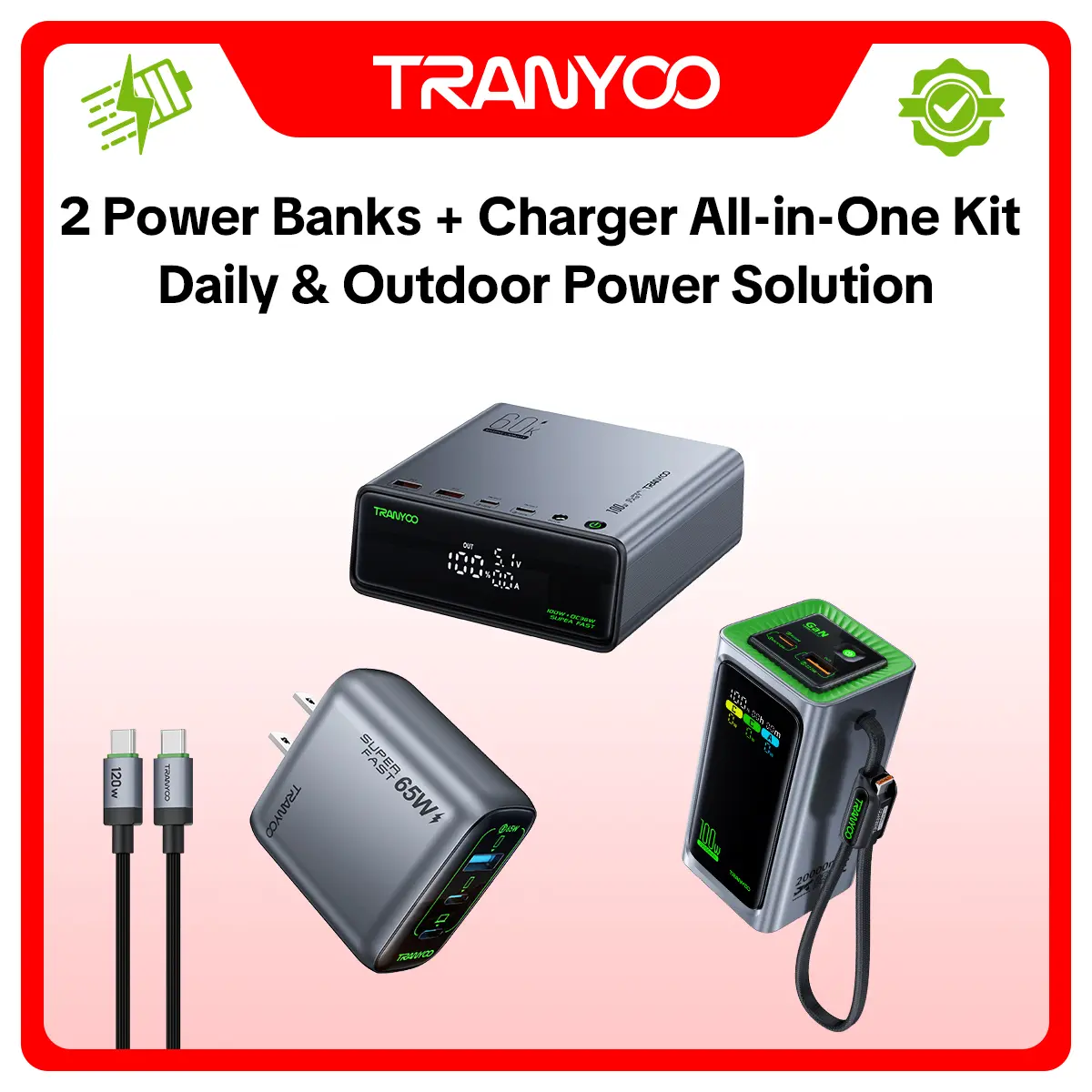 TRANYOO 3-in-1 Ultimate Charging Bundle | 100W 60000mAh Laptop Power Bank + 65W 3-Port 2C+1A Charger + 100W 20000mAh Power Bank | All-in-One Kit for iPhone,Laptop, MacBook, Samsung