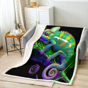 Chameleon Sherpa Blanket Colorful Chameleon Fleece Throw Blanket Tropical Animal Plush Blanket for Bed Sofa Couch for Kids Boys Girls Wildlife Fuzzy Blanket Teens Room Decor