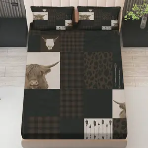 3Pcs Rustic Highland Cow Leopard Arrows Fitted Sheet Three Piece Set (1*Fitted Sheet+2*Pillowcases, Coreless), Western theme, Animal Print Bedding Set, Mattress Protector Soft, Breathable