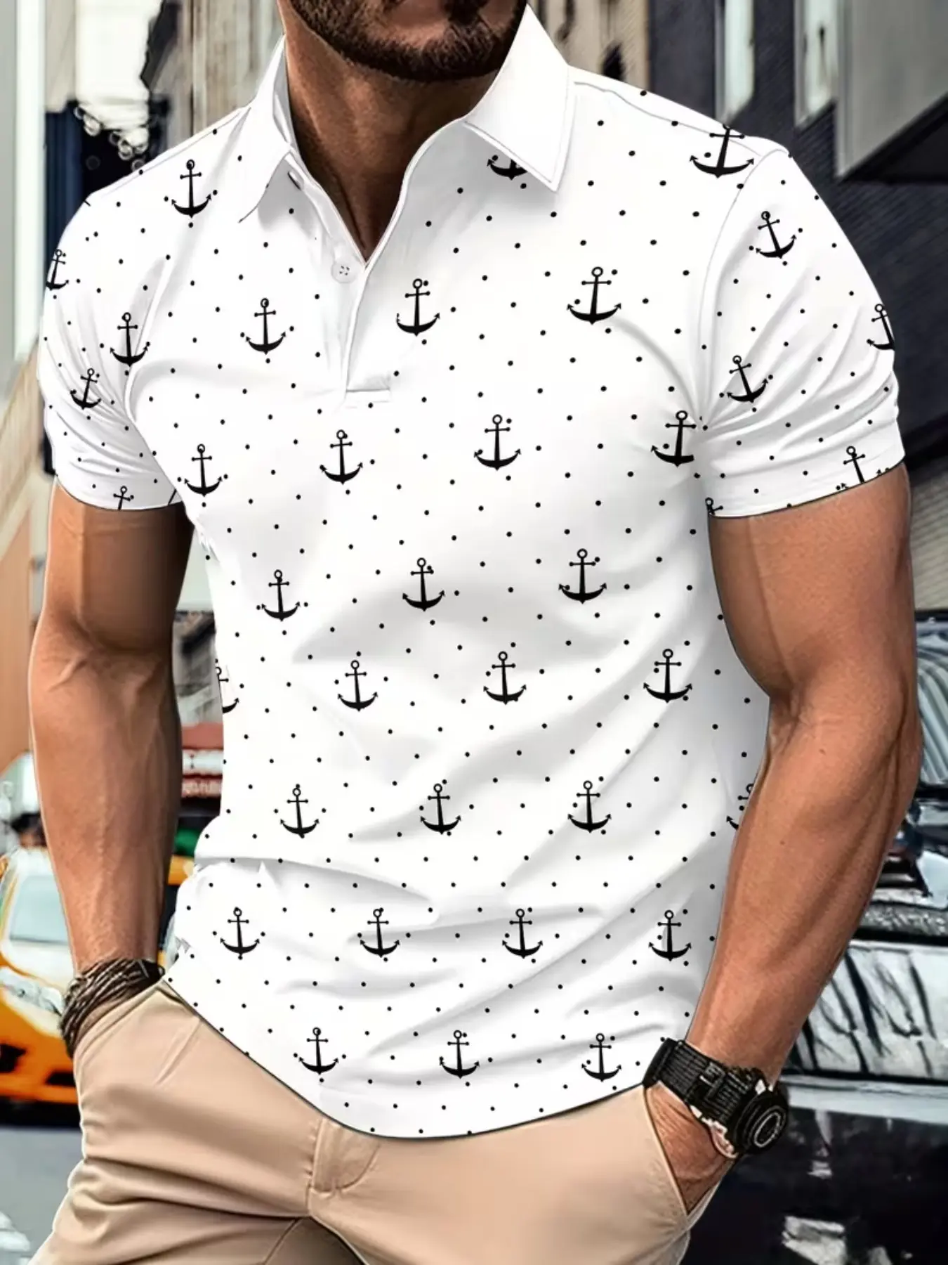 Men's Classic Anchor Pattern Polo Shirt, Short Sleeve Fitted Casual Top, Geometric Design for All Seasons, Nautical Style, Menswear
