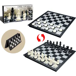 Two-In-One Magnetic International Chess & Checkers Set, Foldable Portable Magnetic Tabletop Chess Board, Durable Lightweight, Strategy Board Game, Perfect Gift for Home Entertainment