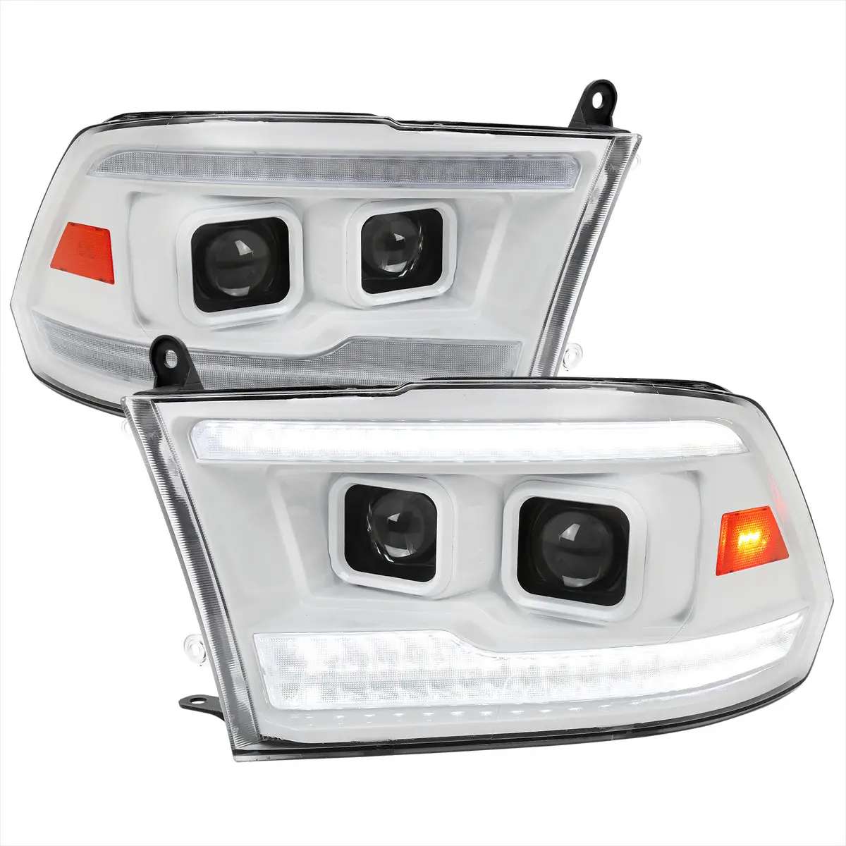 Switchback Sequential Projector Headlight Assemblies for 2009-2018 RAM 1500,2019-2021 Classic,2010-2018 2500/3500,White Housing/Clear Lens,H7 Low+High Set,Factory-Fit Kits,Includes Bulbs,Startup Animation,Sequential Lights