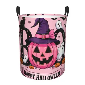 Halloween-Themed Laundry Basket Stylish Polyester Hamper For Bedroom, Bathroom, And Laundry Room, Black Handles, White, Pink Pumpkin, Ghost Pattern, Perfect, Shelf Baskets, Halloween Basket, Fall Basket, Halloween Baskets, Spooky Basket, Laundry Baskets
