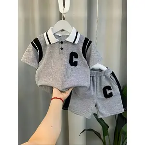 Boys 2pcs Casual Outfit Set, Korean Style Letter Print Versatile Short Sleeve Lapel Shirt with Shorts, Comfy Summer Clothes, Perfect for Outdoor
