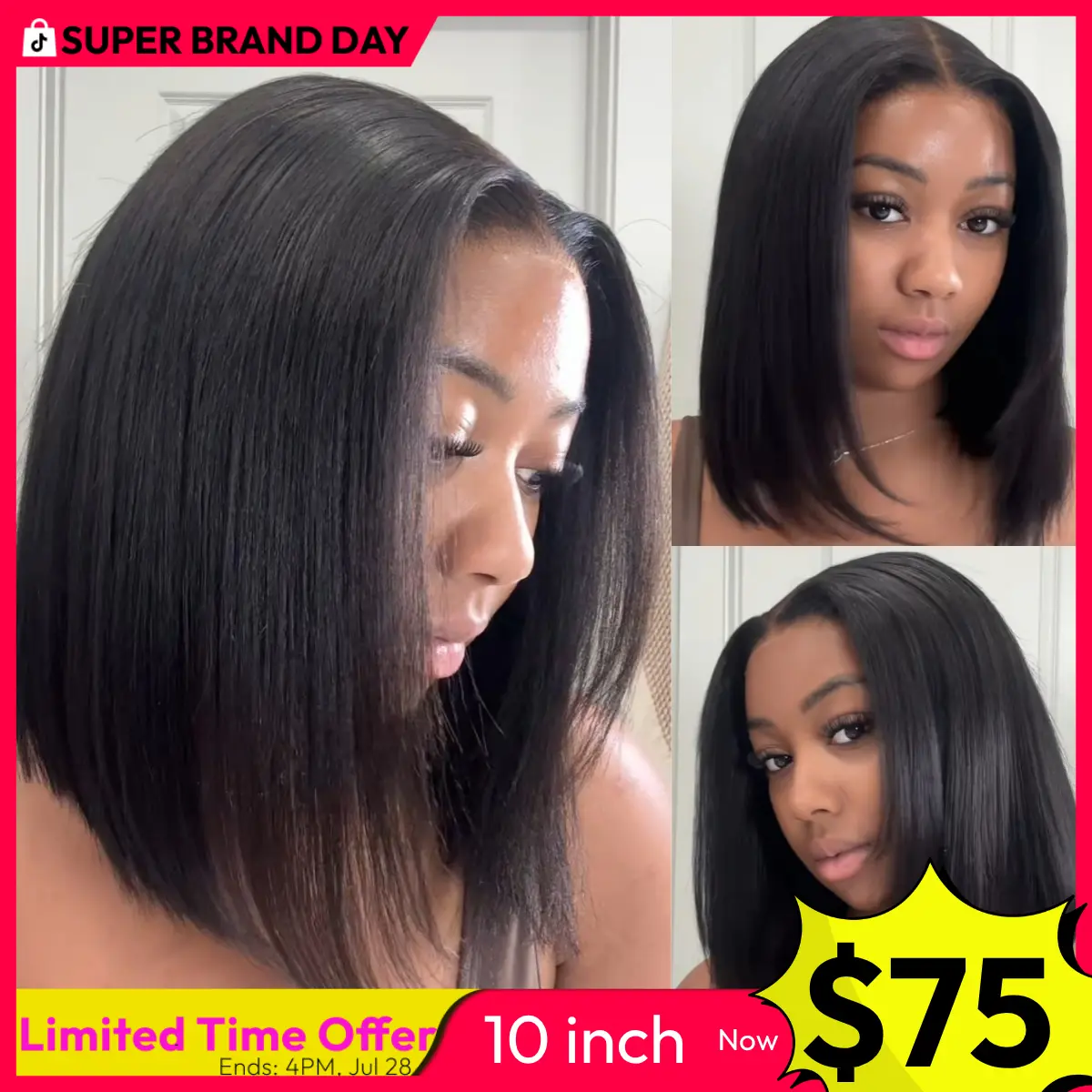 UNice Glueless Yaki Straight Short Bob Wig with Drawstring Pre-cut 7x5 HD Lace Human Hair Wigs with Bleached Knots Beginner Friendly Natural Hairline Summer Wig Super Brand Day