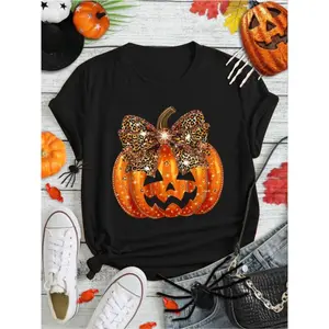100% Cotton Pumpkin Leopard Coquette Bow Girly Women Girls Halloween T-Shirt Print Round Neck Short Sleeve Streetwear Fashion Breathable Homme Soft Unisex Designer Clothes For Women Casual Clothes