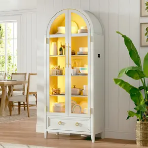 Lvifur 73" Tall Arched Display Cabinet with Glass Doors,4-Tier Curio Cabinets with 3 Color Lights for Collectibles,LED Storage Cabinet with Human Body Sensor,Ajustable Shelf for Toys, Books