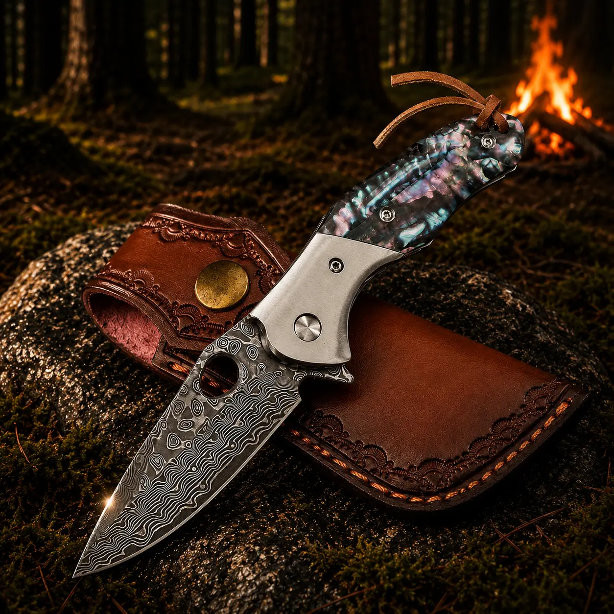NorthForge-Portable Folding Outdoor Kitchen Tool with Leather Sheath - Compact Camping Accessory for Kitchenware Use