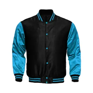 Deckra Men's Original Plain Satin Varsity Jacket Coats - Long-Sleeve Tops, Handmade Polyester, Snap Button Closure, Front Pockets, Stylish Casual Menswear (Black/Sky Blue)