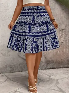 Women's Fashion Plus Size Elegant Geometric Print Half Skirt, Drawstring Waist, Loose Knit, Casual Daily Wear, Vacation Style