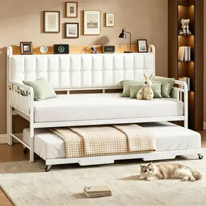 Daybed with Pop Up Trundle, Metal Twin Bed Frame with Upholstered Storage Headboard, LED Lighting & Charging Station, Side Pockets, Sturdy Support for Living Room & Bedroom