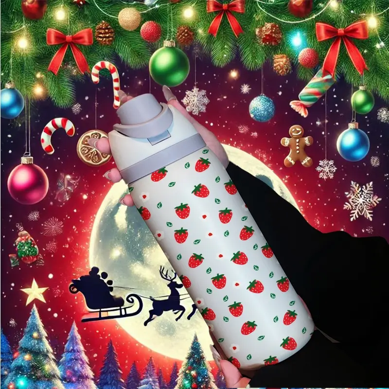 Christmas Strawberry Print Water Bottle Tumbler, Insulated Travel Tumbler, 32oz Stainless Steel Vacuum Insulated, Large Capacity Fruit Cup, Perfect Gift for Women