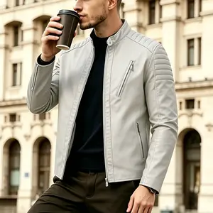 Light gray stand-collar biker PU jacket, featuring shoulder quilting and multi-zipper pockets, slim-fit and crisp, simple and versatile, ideal for autumn/winter daily commute and light business wear.