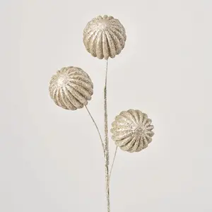 Champagne Glitter Sequin Grooved Ball Christmas Stem Spray - 31"