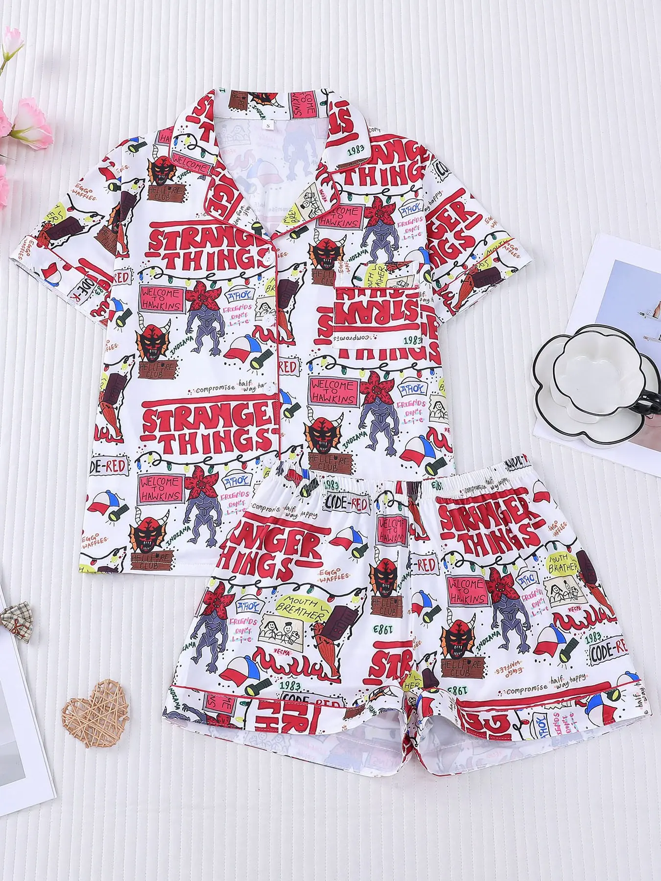 2pcs Weird Things Graffiti Print Pajama Set, Pajamas Sleepwear - Retro Pop Culture Fitted Short-Sleeve Pj Shorts, Notch Collar, Chest Pocket, Elastic Waist - Soft Womenswear Loungewear Set/Sleepwear for Binge-Watching, Sleepovers