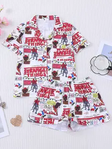 2pcs Weird Things Graffiti Print Pajama Set - Retro Pop Culture Fitted Short-Sleeve Pjs (Notch Collar + Chest Pocket + Elastic Waist) - Soft Adult Loungewear/Sleepwear for Binge-Watching, Sleepovers & Trend Lovers