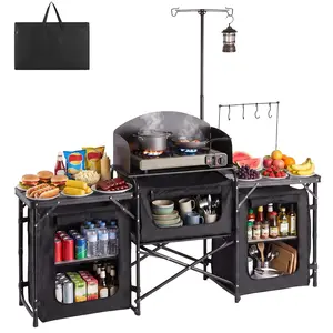 【SummerFinds】VEVOR Folding Camping Table, Outdoor Portable Table, Quick Set-up Kitchen Cook Station, with Storage Organizer, Telescoping Legs, a Detachable Windscreen, Carrying Bag, for Picnic BBQ RV Traveling