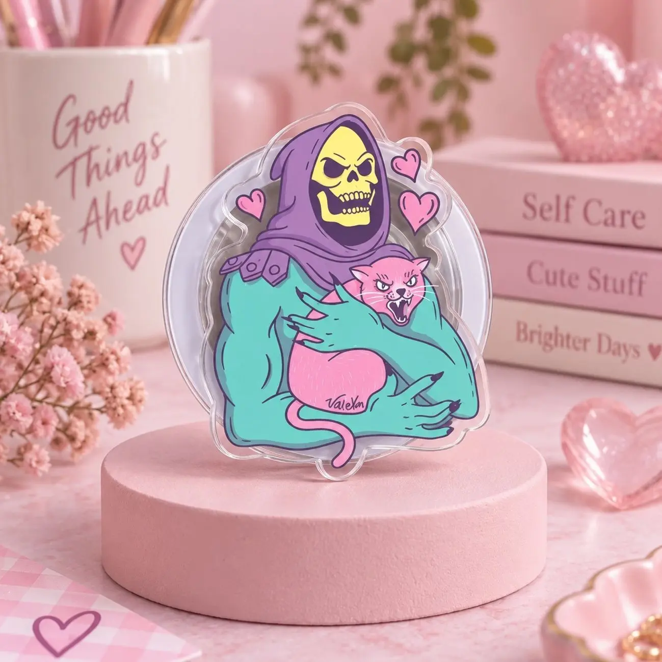 Funny Skeletor Hugging Cat MagSafe Phone Grip, Retro 80s Cartoon Villain Griptok, Cute Angry Pink Cat Phone Stand, Sarcastic Meme Pop Culture Accessory, Whimsical Gift for Alt Gen Z