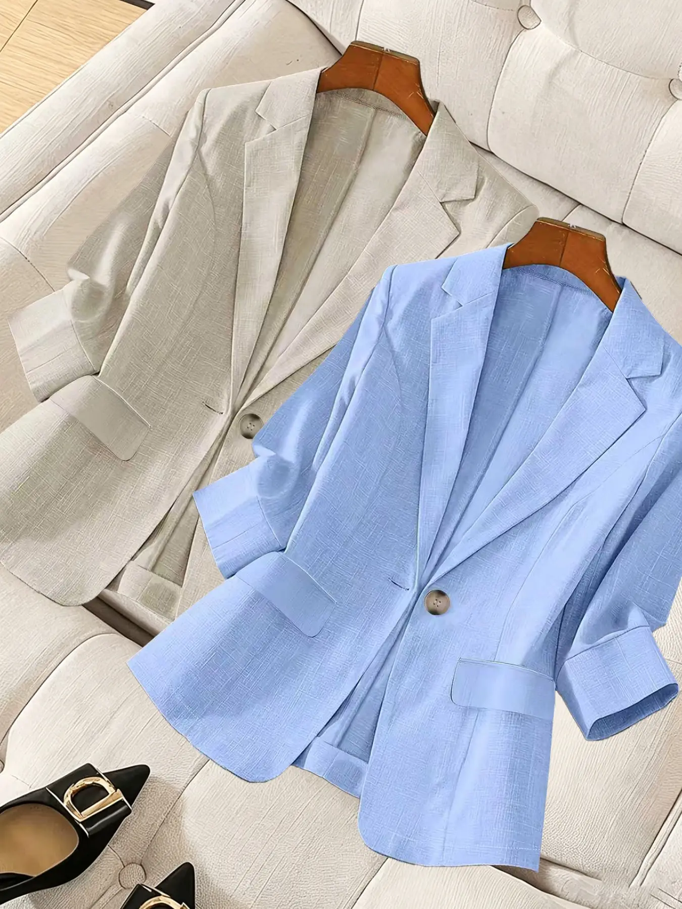Women's two-piece plain color single-breasted double-pocket half-sleeve five-point Fitted Work Office Business Suit Set jacket, Work Office Clothes, suitable for spring and summer suitable for commuting outfit.