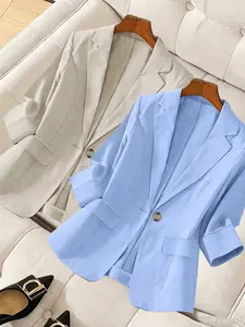 Women's two-piece plain color single-breasted double-pocket half-sleeve five-point Fitted Work Office Suit jacket, suitable for spring and summer suitable for commuting outfit.