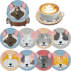 8-Piece 5D Diamond Art Cat Face Coasters Set with Holder, DIY Needlework Tableware Cup Mats for Cat Lovers, Handmade Home Decor Craft Gift