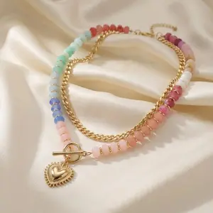 Dopamine-enhanced Colored Beaded Double-layer Necklace with Heart-shaped Pendant Chain 16.54 inches Adjustable Length Women's Jewelry Gift date ring