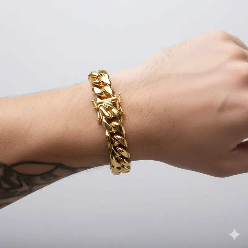 Unisex Electroplated Gold Miami Hiphop Edge Cuban Link Bracelet - High Quality, Fashionable, Trendy Jewelry, 6/8/10/12/14mm Width, Heavyweight Stainless Steel, Vacuum-Plated Nanotech Fade Guard, Non-Tarnish, Men's Jewelry, Everyday Wear Gift
