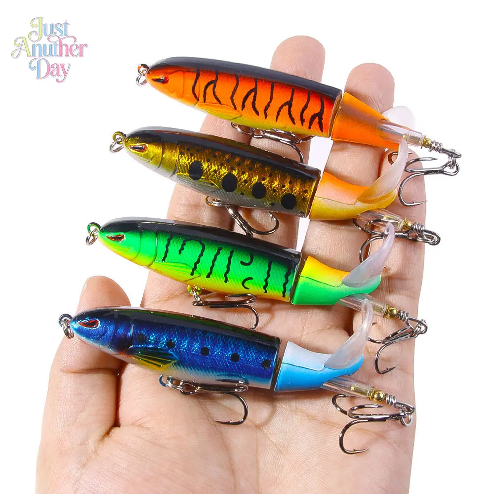 13.5g Topwater Whopper Plopper Fishing Lure, Rotating Tail Propeller Hard Bait with Reinforced Blood Groove Hooks, Floating Pencil Lure
