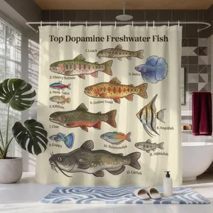 "Popular Dopamine Freshwater Fish" Shower Curtain, 12 Types of Freshwater Fish Including Angelfish and Ornamental Fish, Dopamine-Style Bathroom Decor, Holiday Gift, Waterproof and Moisture-Resistant, Includes 12 Hooks