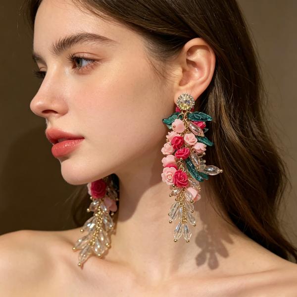 ANDKISS Pink Crystal Floral Tassel Statement Earrings — A High-End, Chic Design. Instantly "Instagrammable" and Perfect for Travel Photoshoots & Sightseeing Check-Ins. The Ultimate Gift Choice for Your Girlfriend or Best Friend.
