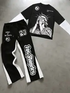 Unisex Street Style Graphic Print Long Sleeve T-Shirt, Fitted Round Neck, Patchwork, Hip Hop Rap Y2K Fashion, Clothes