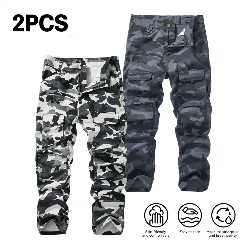 Veiskor-2 Pack Men's Camo Cargo Pants Multi Utility Pockets Skin-Friendly Breathable Moisture Wicking Casual Work Outdoor Hiking Pants zipper autumn wear father ideal comfortable aesthetic fatigue men durable military streetwear all-season