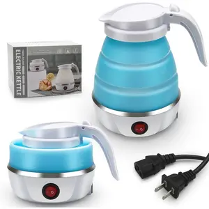 Electric Small Foldable Portable Travel Kettle, Silicone Collapsible Heating Water Boiler Tea Pot for Camping, Easy Storage with Separable Power Cord (Blue pro)