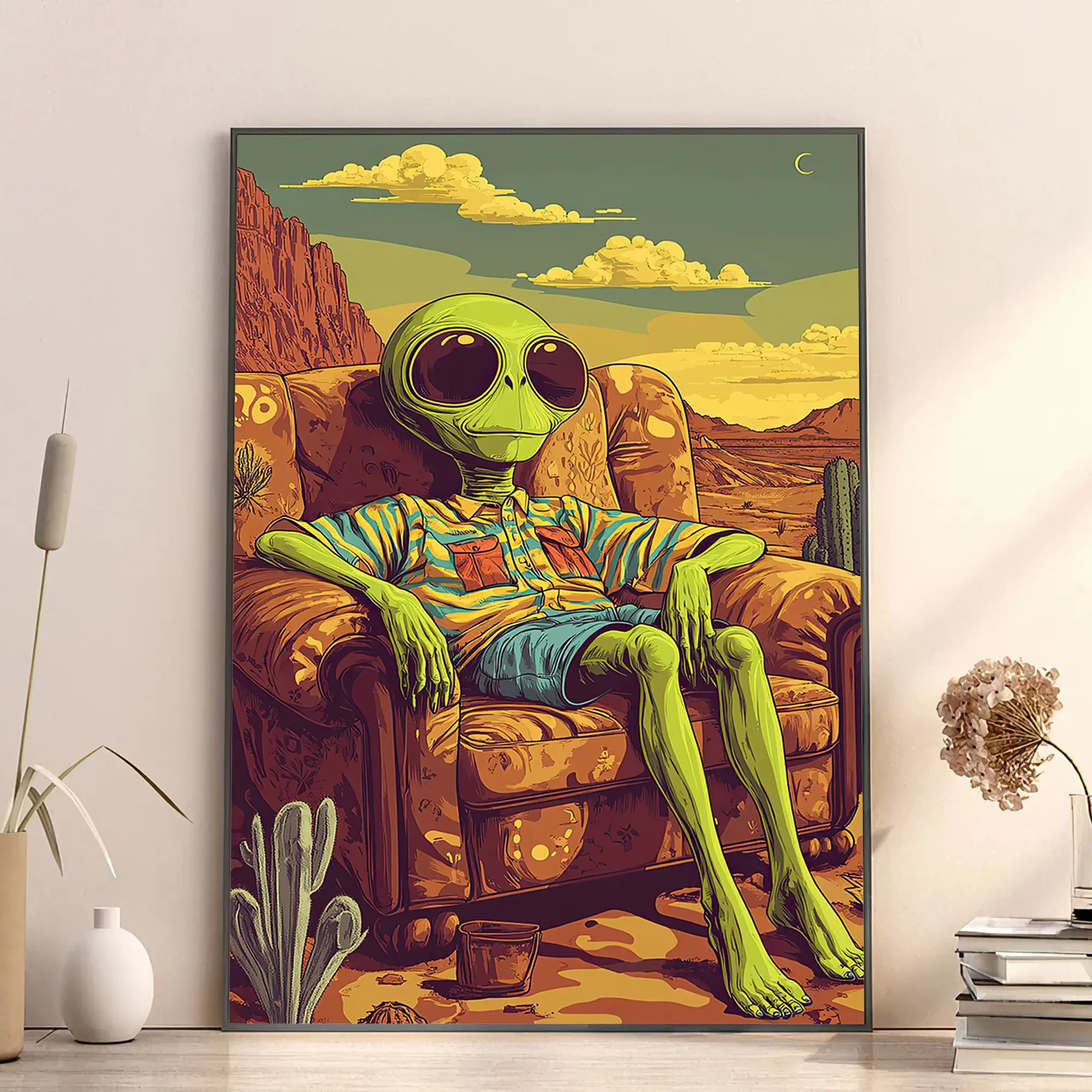 Vintage Futuristic Alien Wall Art Poster, Alien Wearing Fashion Glasses, Ufo Space Ship Design, Bedroom Canvas Print, Sci-Fi Decor