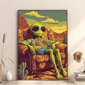 Vintage Futuristic Alien Wall Art Poster, Alien Wearing Fashion Glasses, Ufo Space Ship Design, Bedroom Canvas Print, Sci-Fi Decor