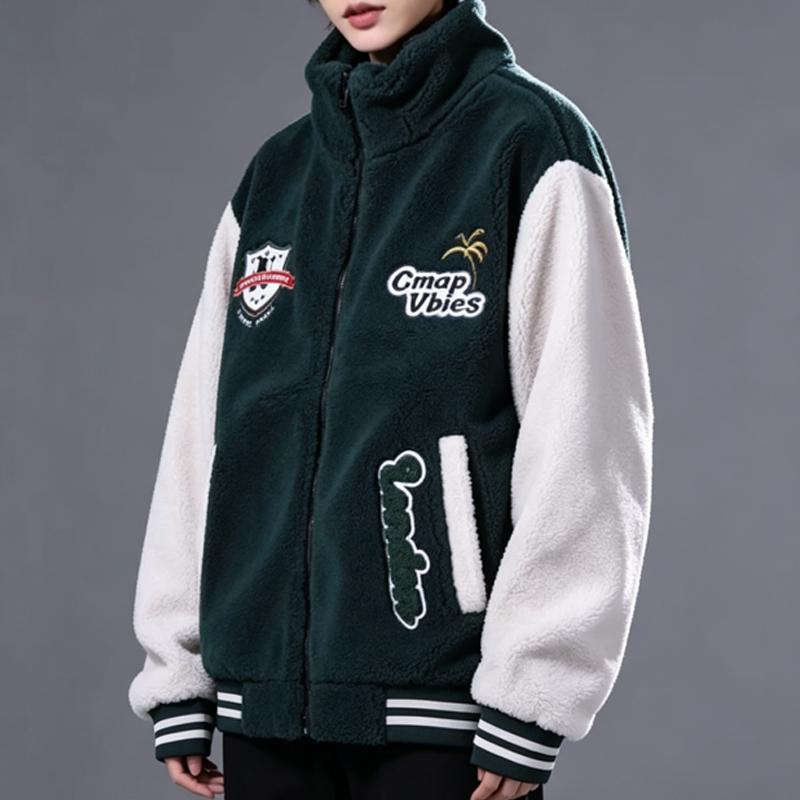 Mens Multi-Color 2-Tone Sherpa Fleece Zip-Up Varsity Coat - Menswear, Stylish Casual Fleece Jacket with Chest Shield & Patch Badges, Soft Warm Fabric for Daily Outdoor Activities, Tops