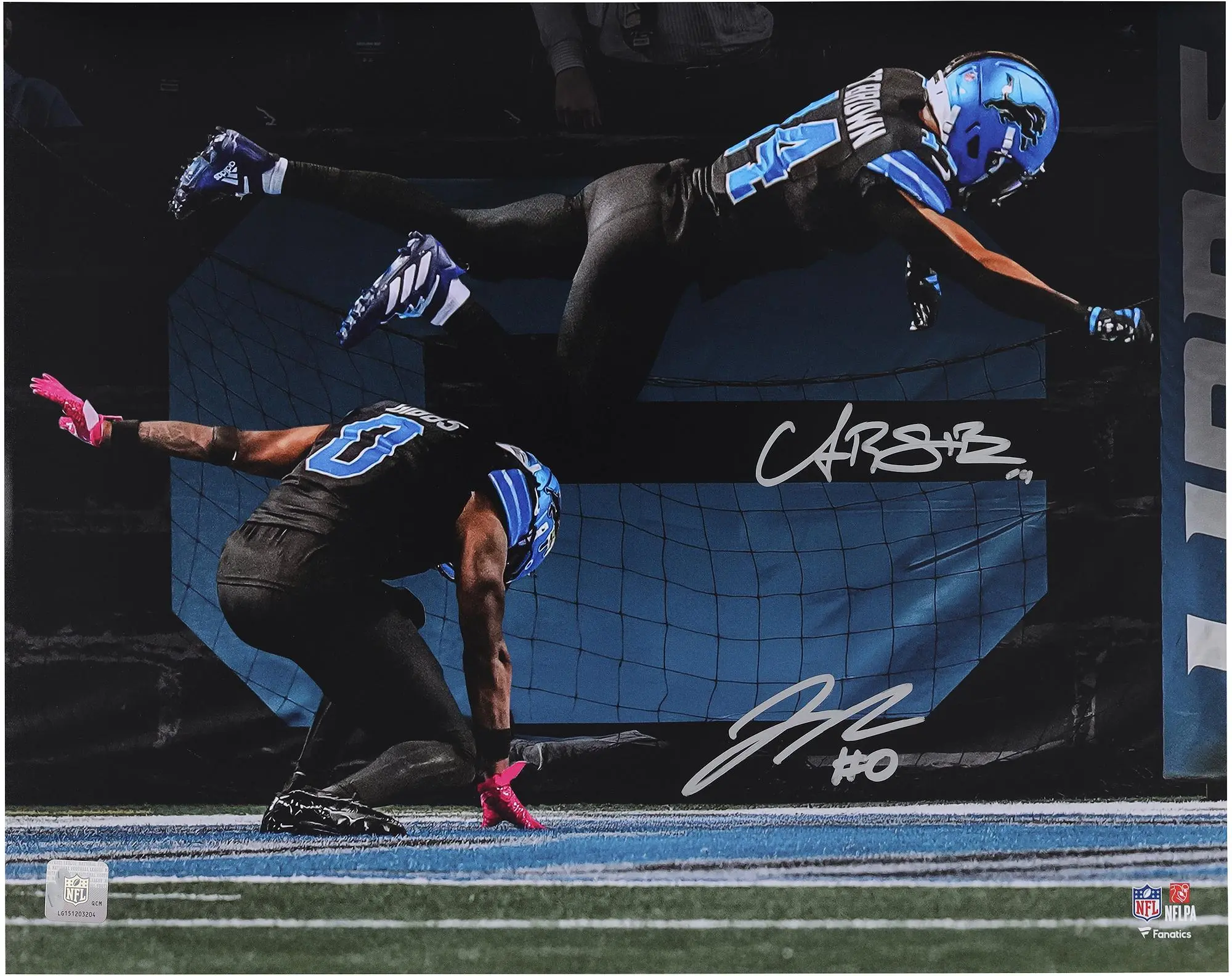 Jahmyr Gibbs and Amon-Ra St. Brown Detroit Lions Autographed "16 x 20" Celebration Leap Week 7 Win vs. Tampa Bay Buccaneers Spotlight Photograph. - Fanatics Authentic Certified