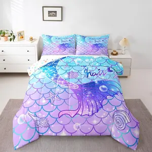 Mermaid Comforter Set,Teal Blue Purple Mermaid Tail Print Luxury Bedding Set,Cute Reversible Stars Comforter,Mermaid Fish Scale Comfortable Bedding