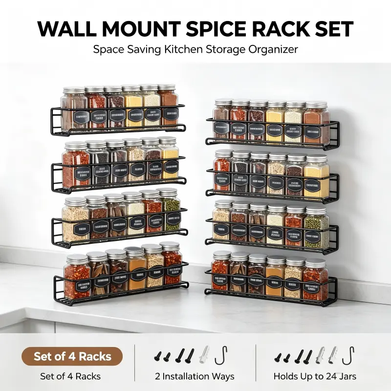 Gold Metal Wall Mount Spice Organizer Rack - 1-Layer Punch-Free Space-Saving Home Organizer, Sticky Hook Easy-Installation Shelves, 4-Piece Multifunctional Condiment Storage for Kitchen Bathroom, Box