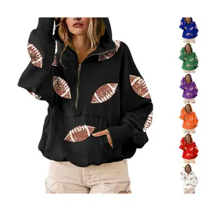 Women's Long Sleeve Lightweight Comfortable Sequin Hoodie - Adjustable Drawstring, Zipper Closure, Kangaroo Pocket, Patchwork Oversize Fabric, Football Game Day Tailgate Outfit