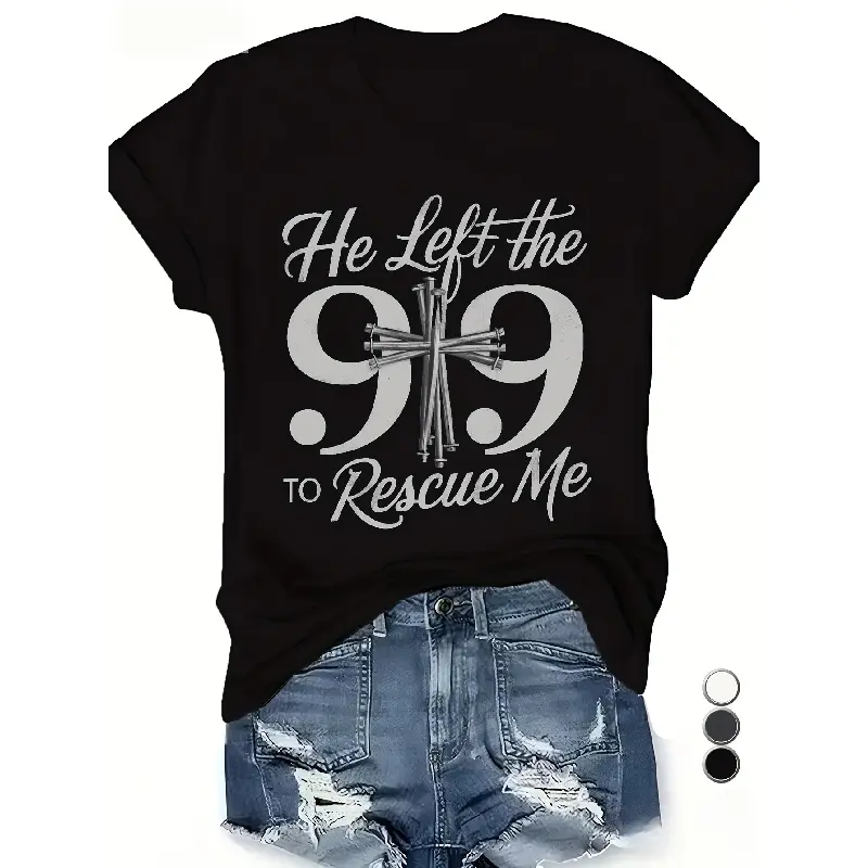 [Rescue Comfit Tee] Rescue 99 Women's Comfit T-Shirt |   Breathable White Casual Loose Fit Round Neck Tee with 99 Cross Design and "He Left the 99 to Rescue Me" Scripture, Machine Washable Top for Spring/Summer