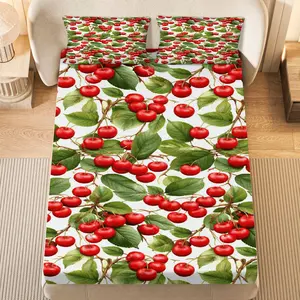 3Pcs Cherry Blossom Fruit Nature Fitted Sheet Three Piece Set (1*Fitted Sheet+2*Pillowcases, Coreless), Summer theme, Luxury Bedding Set, Mattress protector Soft, Breathable