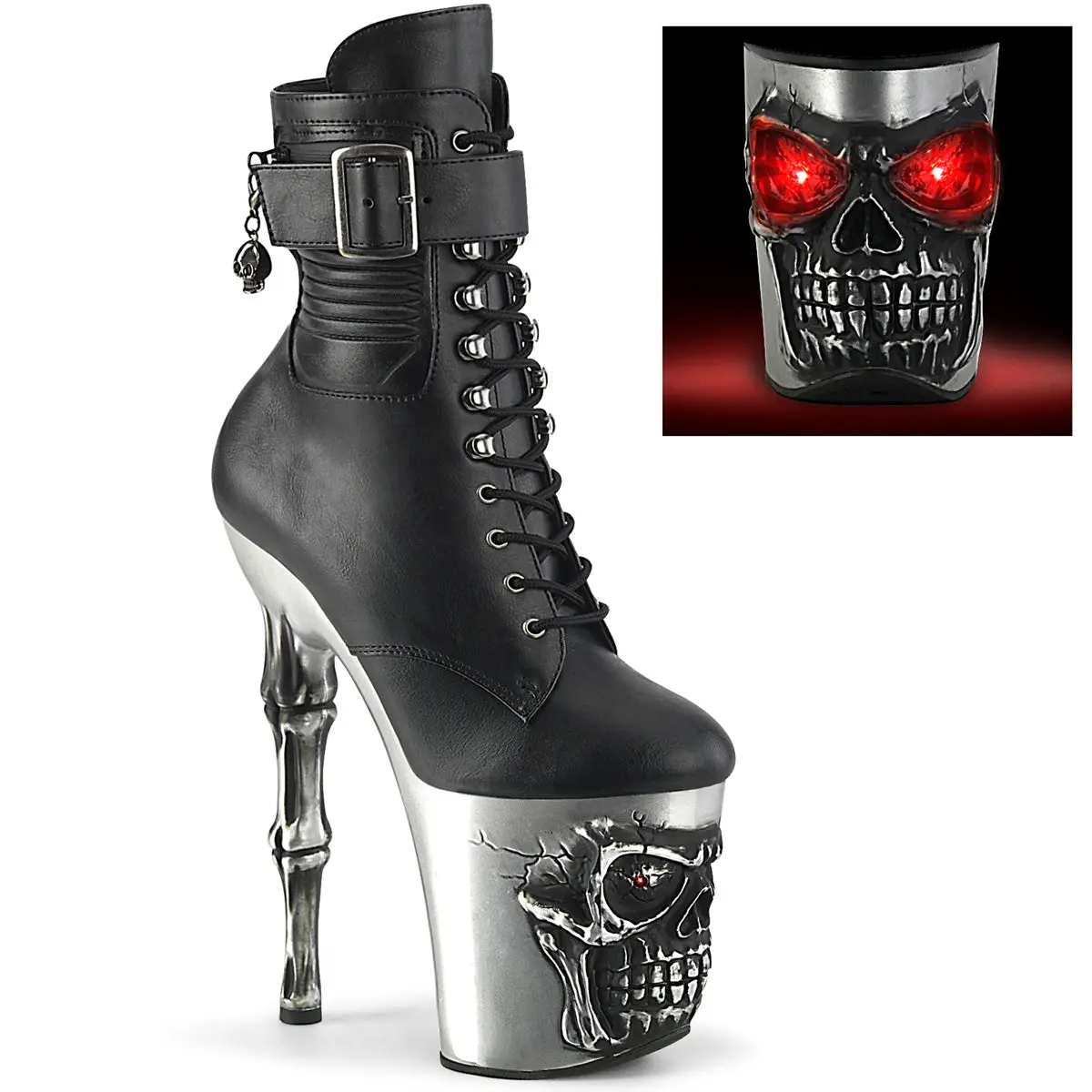 Women's Lace Platform Skull Boot - RAPTURE-1020STR-LT Black Silver 8-in High-Heel Shoe