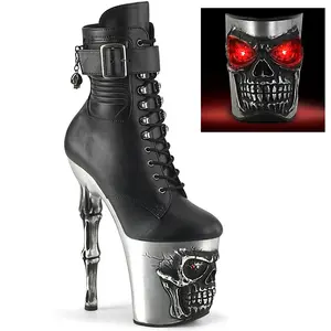 Women's 8-in Lace Platform Skull Boot, RAPTURE-1020STR-LT Black Silver High-Heel Footwear