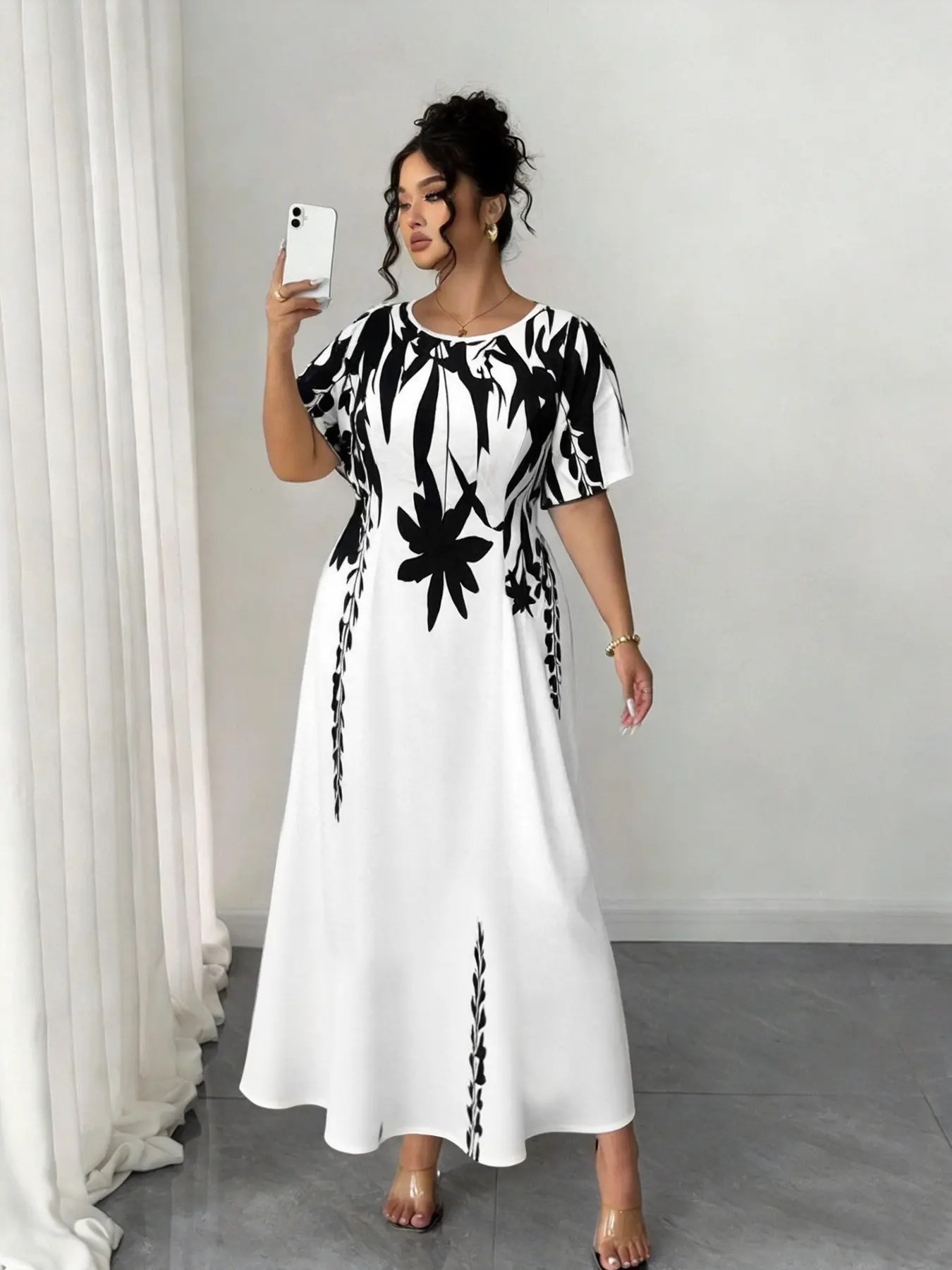 Plus Size Fashion Feminine Floral Print Dress, Round Neck Short Sleeve Waist Cinch Slimming Fit A-Line Long Dress, Elegant Office Style, Chic Casual Wear, Women's Clothing, Elegance