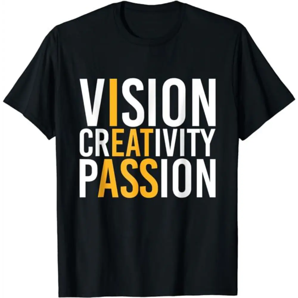 Menswear Classic Short-Sleeve Cotton T-Shirt - Funny "Vision Creativity Passion" Print, Casual Streetwear Clothes, Smooth Basic Garment (Sports & Outdoor Tops)